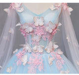 Cute Blue Fairy Butterfly Lace Ball Gown Prom Dress, Sweet 16 Party Dress HZ1024