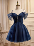 Lovely Blue Short Tulle Prom Dress, Blue Beaded Homecoming Dresses Formal Dress HZ1024