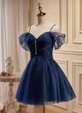 Lovely Blue Short Tulle Prom Dress, Blue Beaded Homecoming Dresses Formal Dress HZ1024