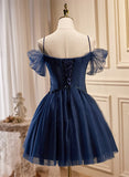Lovely Blue Short Tulle Prom Dress, Blue Beaded Homecoming Dresses Formal Dress HZ1024