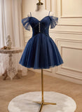 Lovely Blue Short Tulle Prom Dress, Blue Beaded Homecoming Dresses Formal Dress HZ1024