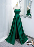Simple Satin Green Long Evening Dress with Slit, Green A-line Prom Dress HZ1024