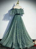 Green Off Shoulder A-line Tulle Long Formal Dress, Green Party Dress Prom Dress HZ1024