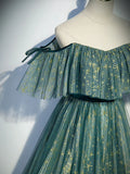Green Off Shoulder A-line Tulle Long Formal Dress, Green Party Dress Prom Dress HZ1024