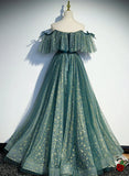 Green Off Shoulder A-line Tulle Long Formal Dress, Green Party Dress Prom Dress HZ1024