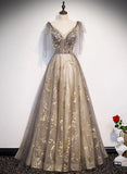 Champagne V-neckline Tulle Long Party Dress, A-line Straps Prom Dress HZ1024