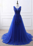 Royal Blue Tulle Long Party Dress with Lace Applique, Blue Evening Party Dress HZ1024