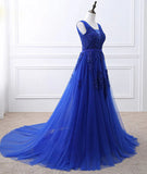 Royal Blue Tulle Long Party Dress with Lace Applique, Blue Evening Party Dress HZ1024