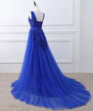 Royal Blue Tulle Long Party Dress with Lace Applique, Blue Evening Party Dress HZ1024