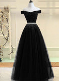 Black Beaded Off Shoulder Tulle Long Party Dress, Black A-line Prom Dress HZ1024