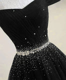 Black Beaded Off Shoulder Tulle Long Party Dress, Black A-line Prom Dress HZ1024