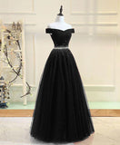 Black Beaded Off Shoulder Tulle Long Party Dress, Black A-line Prom Dress HZ1024