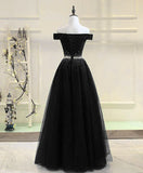 Black Beaded Off Shoulder Tulle Long Party Dress, Black A-line Prom Dress HZ1024