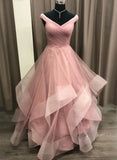 Pink Tulle Layers Long Formal Dress, Pink Tulle A-line Prom Dress HZ1024