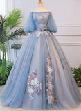 Blue Tulle with Lace Applique Off Shoulder Party Dress, Blue Sweet 16 Dresses HZ1024