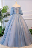 Blue Tulle with Lace Applique Off Shoulder Party Dress, Blue Sweet 16 Dresses HZ1024