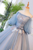 Blue Tulle with Lace Applique Off Shoulder Party Dress, Blue Sweet 16 Dresses HZ1024