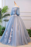 Blue Tulle with Lace Applique Off Shoulder Party Dress, Blue Sweet 16 Dresses HZ1024
