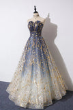 Blue Tulle A-line Gradient Long Formal Dress, A-line Blue Evening Dress Prom Dress HZ1024