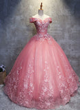 Dark Pink Princess Flowers Off Shoulder Sweet 16 Dress, Pink Formal Gown HZ1024