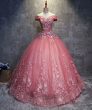 Dark Pink Princess Flowers Off Shoulder Sweet 16 Dress, Pink Formal Gown HZ1024