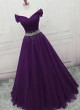 Dark Purple Tulle Beaded Off Shoulder Party Dress, Purple A-line Prom Dress HZ1024