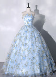 Blue Flowers Lace Ball Gown Long Formal Party Dress, Blue Evening Prom Dress HZ1024