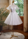 Cute White Tulle with Lace Short Party Dress, White Graduation Dress HZ1024