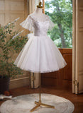 Cute White Tulle with Lace Short Party Dress, White Graduation Dress HZ1024