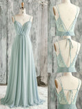 Light Green Chiffon with Lace Bridesmaid Dress, A-line Chiffon Prom Party Dress HZ1024