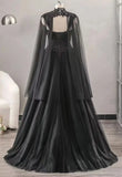 Black Sweetheart Tulle with Lace Long Sweet 16 Dress, Black Formal Dress with Cape HZ1024