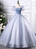 A-Line Blue Tulle Sequins Floor Length Prom Dress, Beautiful Short Sleeve Evening Party Dress HZ1024