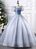 A-Line Blue Tulle Sequins Floor Length Prom Dress, Beautiful Short Sleeve Evening Party Dress HZ1024
