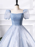 A-Line Blue Tulle Sequins Floor Length Prom Dress, Beautiful Short Sleeve Evening Party Dress HZ1024