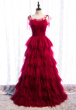 A-Line Long Spaghetti Strap Prom Dresses, Cute Layers Tulle Evening Dresses HZ1024