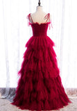A-Line Long Spaghetti Strap Prom Dresses, Cute Layers Tulle Evening Dresses HZ1024