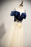 A-Line Off the Shoulder Long Prom Dresses, Champagne Evening Dresses HZ1024
