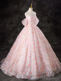 A-Line Pink Tulle Flowers Long Prom Dress, Beautiful Off the Shoulder Evening Party Dress HZ1024