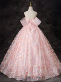 A-Line Pink Tulle Flowers Long Prom Dress, Beautiful Off the Shoulder Evening Party Dress HZ1024