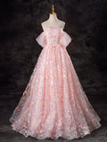 A-Line Pink Tulle Flowers Long Prom Dress, Beautiful Off the Shoulder Evening Party Dress HZ1024
