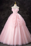 A-Line Pink Tulle Long Formal Gown, Pink Strapless Sweet 16 Princess Dress HZ1024
