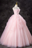 A-Line Pink Tulle Long Formal Gown, Pink Strapless Sweet 16 Princess Dress HZ1024