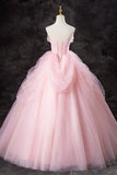 A-Line Pink Tulle Long Formal Gown, Pink Strapless Sweet 16 Princess Dress HZ1024