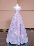 A-Line Purple Tulle Flowers Long Prom Dress, Beautiful Evening Party Dress HZ1024