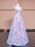A-Line Purple Tulle Flowers Long Prom Dress, Beautiful Evening Party Dress HZ1024