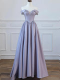 A-Line Satin Floor Length Long Prom Dress, Off the Shoulder Evening Formal Dress HZ1024