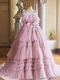 A-Line Spaghetti Strap Layers Tulle Long Party Dress, Pink Prom Dress Formal Gown HZ1024