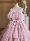 A-Line Spaghetti Strap Layers Tulle Long Party Dress, Pink Prom Dress Formal Gown HZ1024