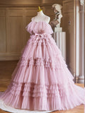 A-Line Spaghetti Strap Layers Tulle Long Party Dress, Pink Prom Dress Formal Gown HZ1024