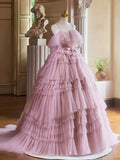 A-Line Spaghetti Strap Layers Tulle Long Party Dress, Pink Prom Dress Formal Gown HZ1024